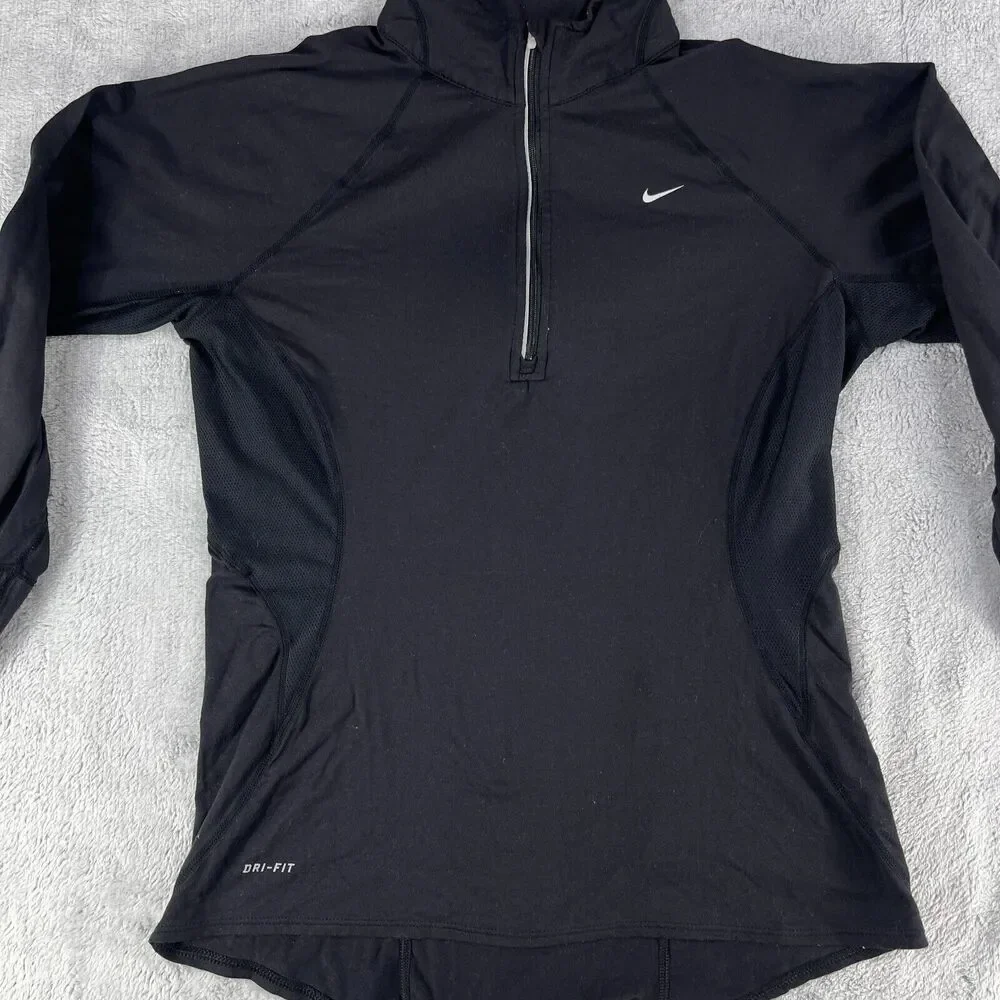 Nike Dri-Fit Top Women's Medium Black Nylon‎ Stretch Logo Raglan Sleeve 1/2 Zip